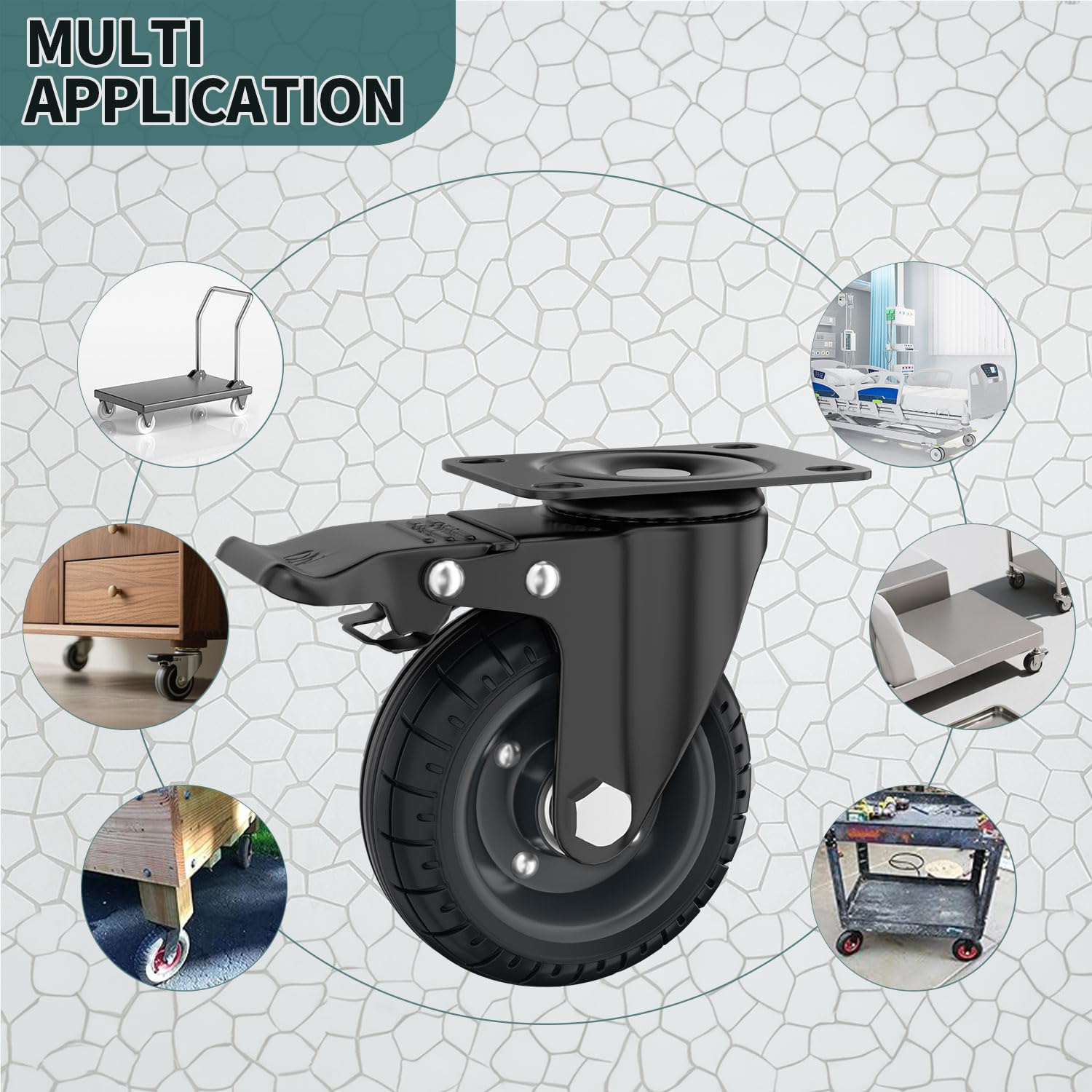 100mm Schwenkrollen Räder mit Doppelbremse, 4 Stück bis 500 kg, Massiv Gummi, Gusseisen Rand, Plattenrollen, Outdoor, Flat Free für Wagen, Dolly, Arbeitsbank, Trolley