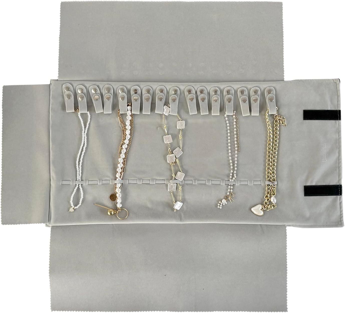 UnionPlusVelvet Travel Jewelry Case Roll Bag Organizer for Necklace Bracelet Earrings, Black and Grey