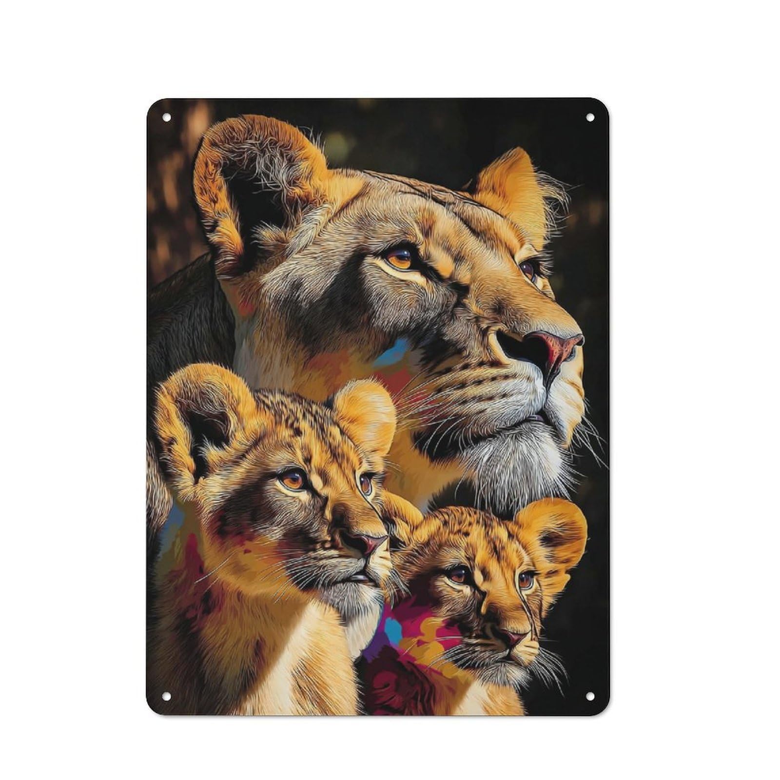 Junmoney Lioness And Cubs Portrait Rustic Tin Wall Plaque 40X30cm Featuring For Pub Or Café, A Decorative Christmas Gift For Café Interior Fans