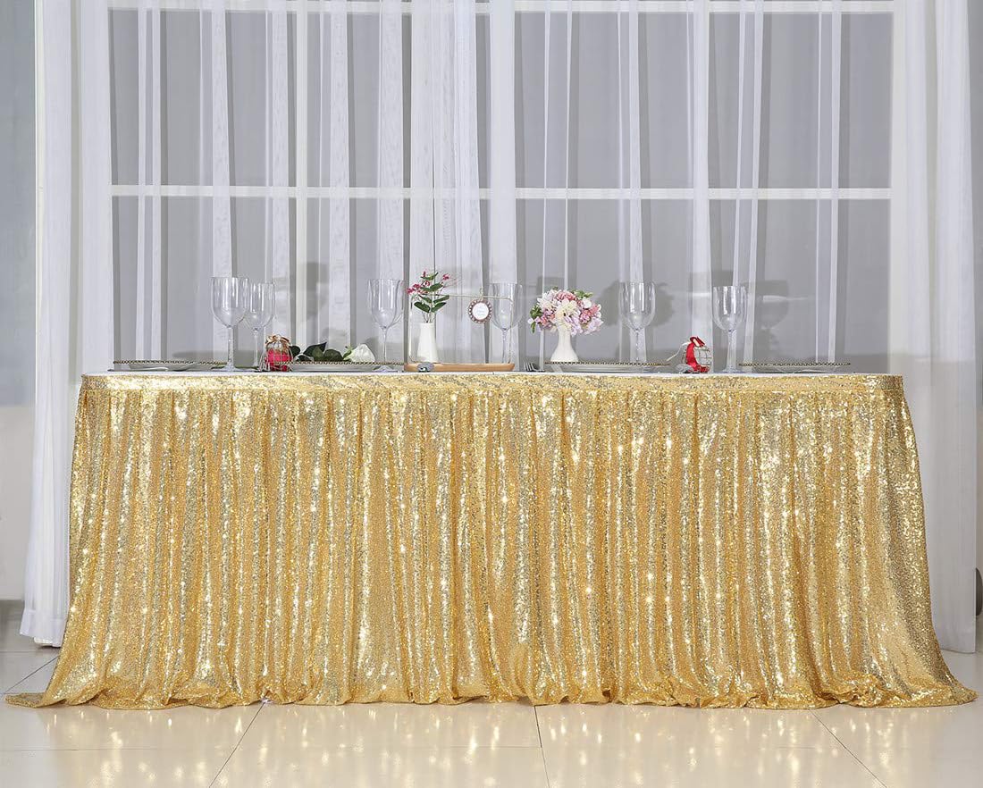 Juya Delight Cekinowa spódnica na stół prostokątny okrągły obrus na przyjęcie ślub baby shower dekoracja (jasne złoto, L 9 m (wys.) 76 cm)