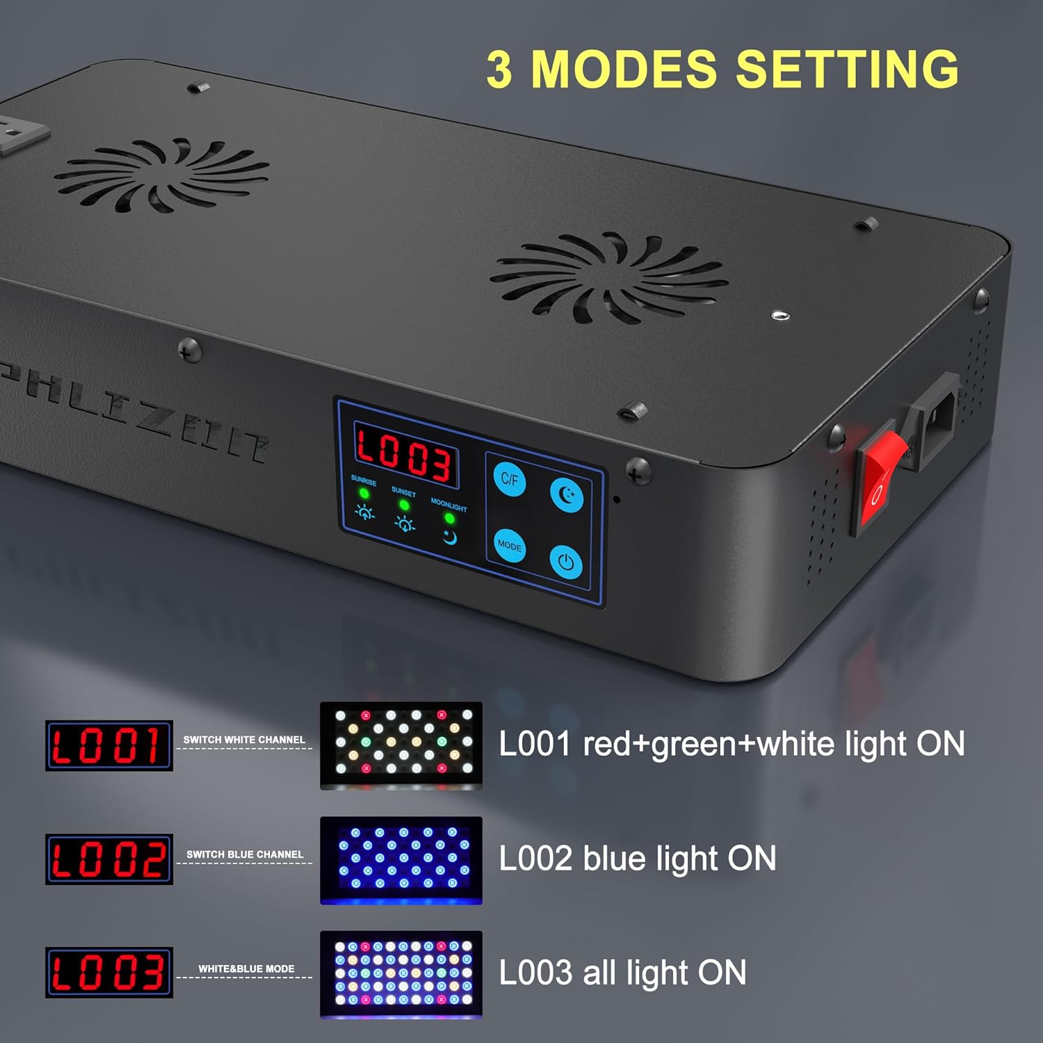 Three modes setting: L001 (red+green+white), L002 (blue), L003 (all lights on).
