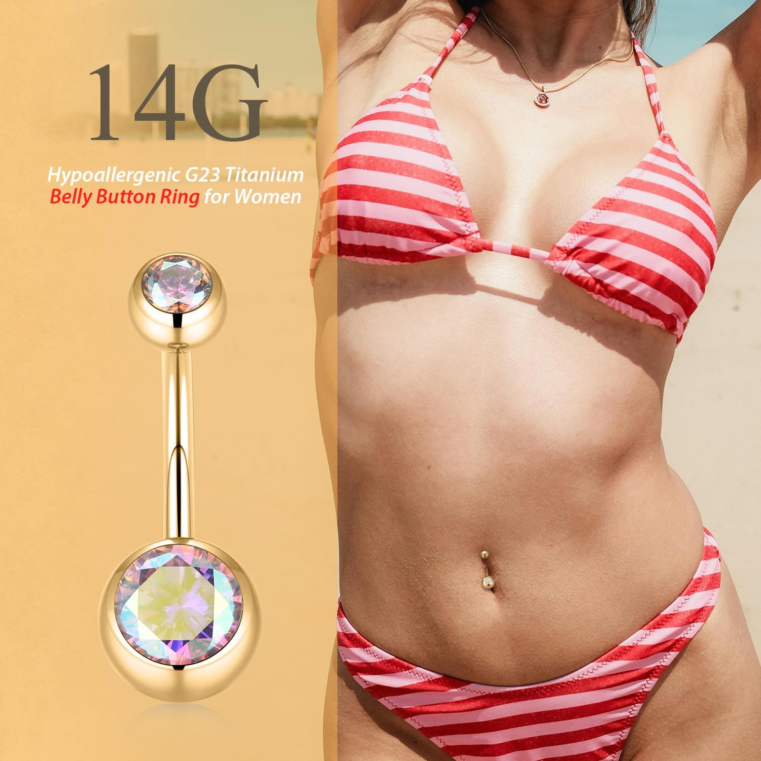 FUNLMO 2pcs Titanium Belly Button Ring Belly Button Piercing Belly Rings Internally Threaded Cube Zircon Navel Piercing Jewelry 14G 8-16mm - Image 6