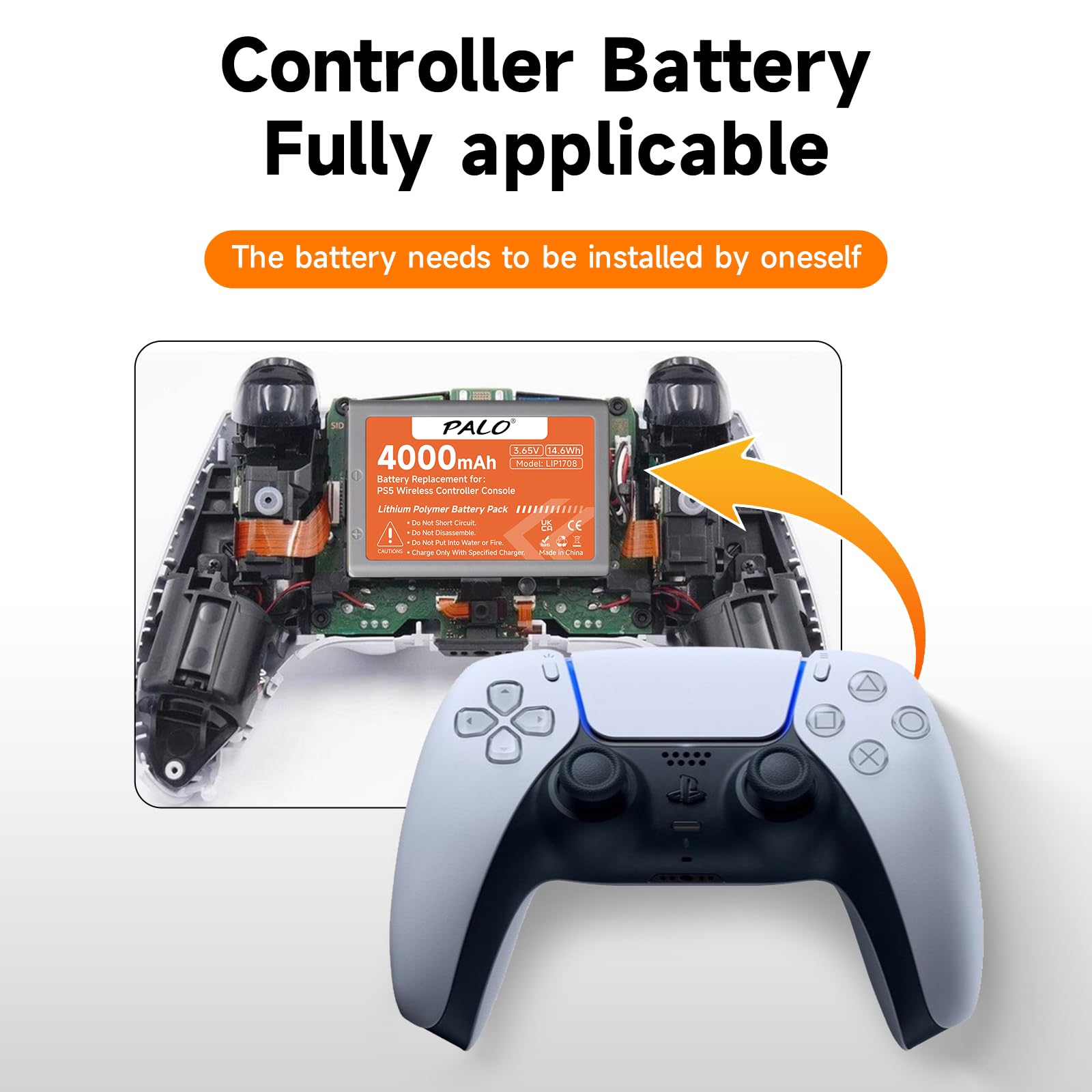 2 Batterie per Controller PS5 4000 mAh – 3,65 V/14,6 Wh al litio ricaricabile ad alta capacità per LIP1708, PS5 Dual Sense, CFI-ZCT1W, CFI-ZCT1J Wireless Controller
