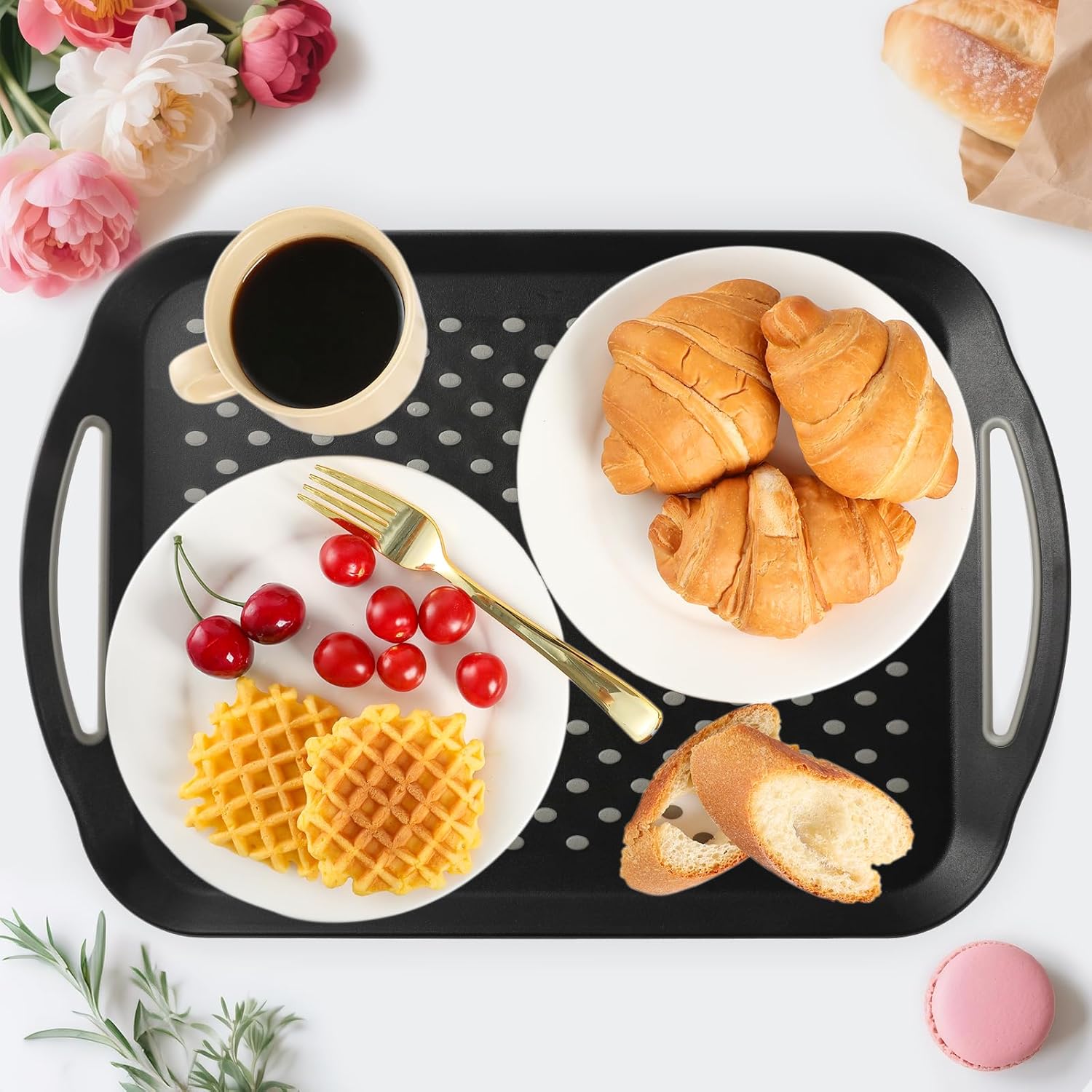 Large Non-Slip Serving Tray with Handles - Suitable Serving Tray, Food Tray, Trays for Serving Food,Serving Platters - an Ideal Dining Choice, Black - 2 Pack