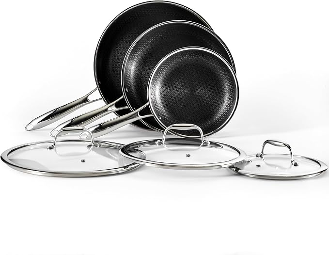 HexClad Hybrid Nonstick 6-Piece Fry Pan Set, 8, 10, and 12-Inch Frying Pans with Tempered Glass Lids, Stay-Cool Handles, Dishwasher-Friendly, Induction Ready, Compatible with All Cooktops