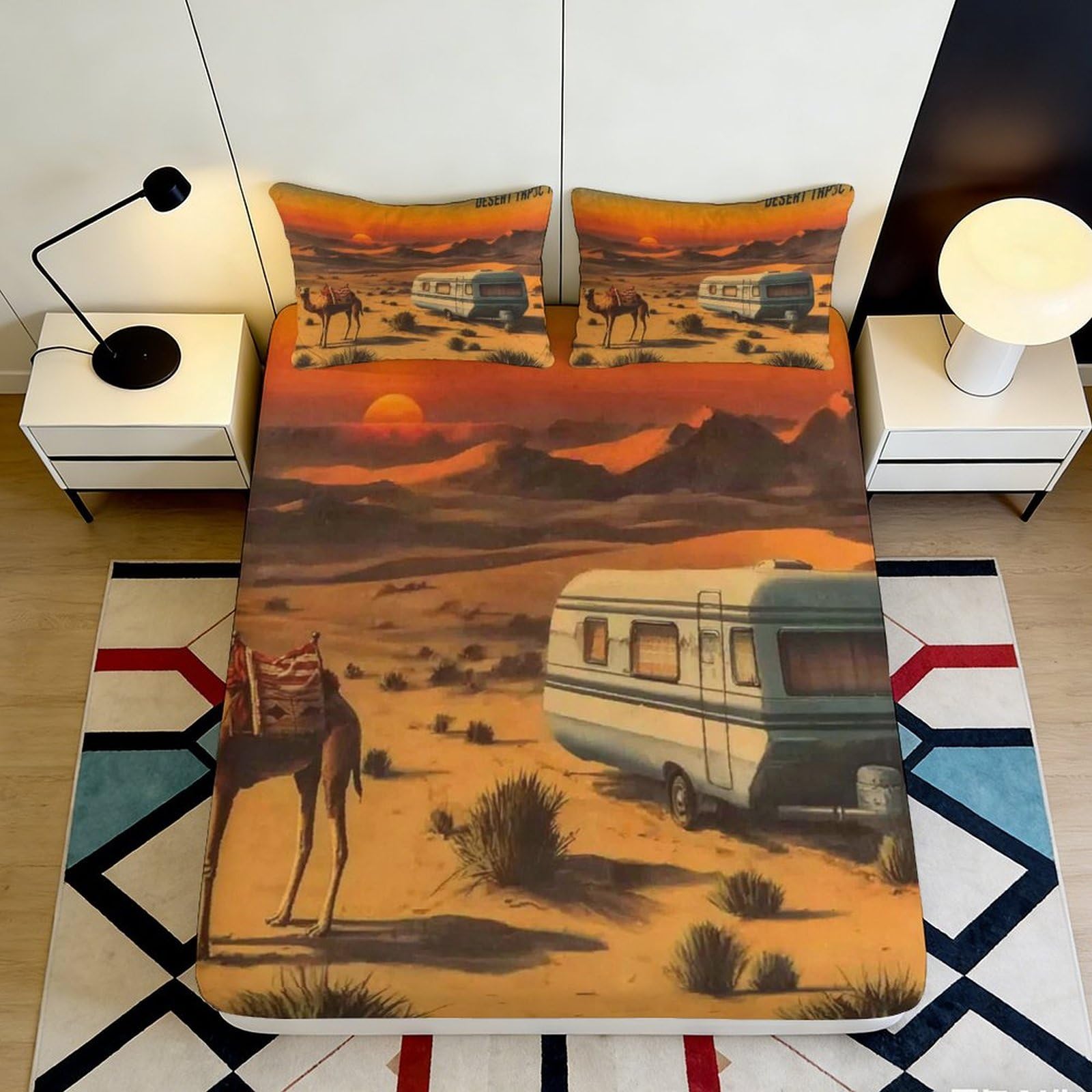 3D Printed Sunset Desert Fitted Sheet Microfiber Soft Camel Caravan Bed Cover for Bedroom Guest Room Easy Care 90x200x25cm