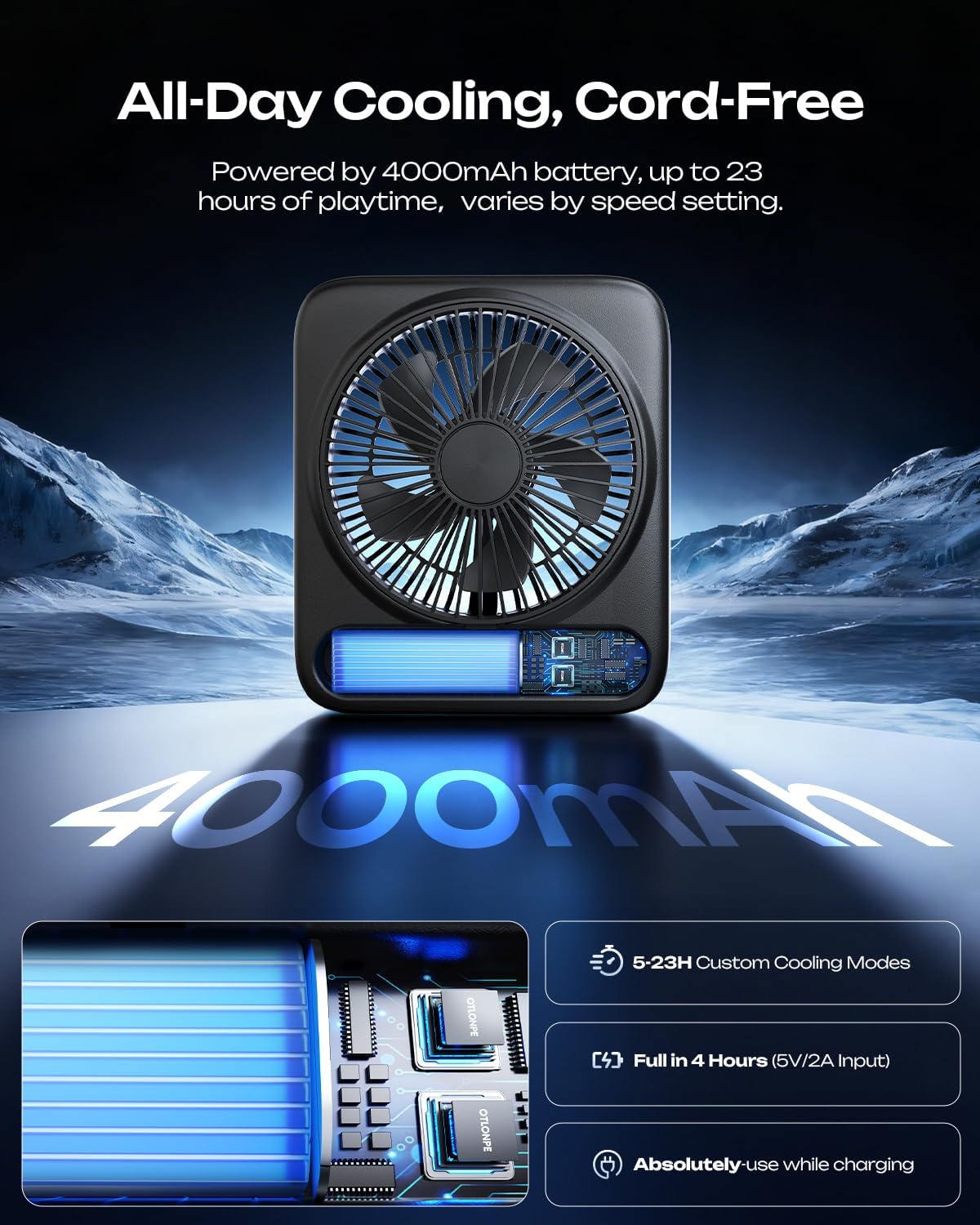 Otlonpe Personal Portable Desk Fan, 4000mAh Small Rechargeable Portable Fan Battery Operated & USB Powered for Travel Sleeping Bedroom Office Home Table, Cordless, Quiet, 4-Speed, 6.5 Inch (Black) - Image 3