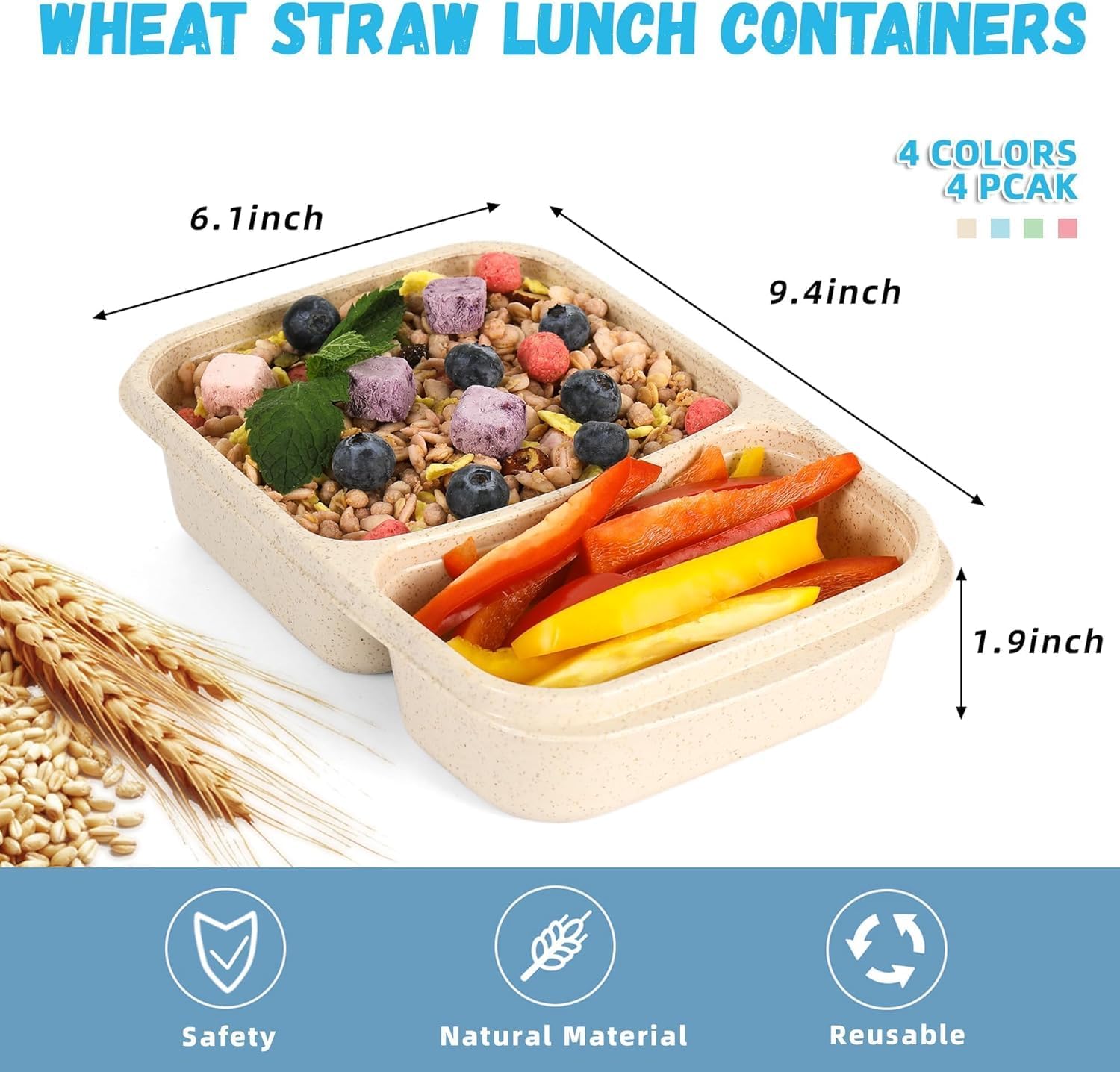 4 Pack Bento Lunch Box for Adults, 2 Compartment Meal Prep Containers Reusable, Divided Lunch Containers with Lids, Microwave & Dishwasher Safe Food Prep Containers for Lunch, Work and Travel