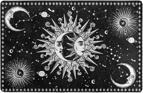 Miniatura 2 de Alfombra estética de sol y luna en blanco y negro con diseño místico de estrellas para interiores y exteriores, 60 x 39 pulgadas