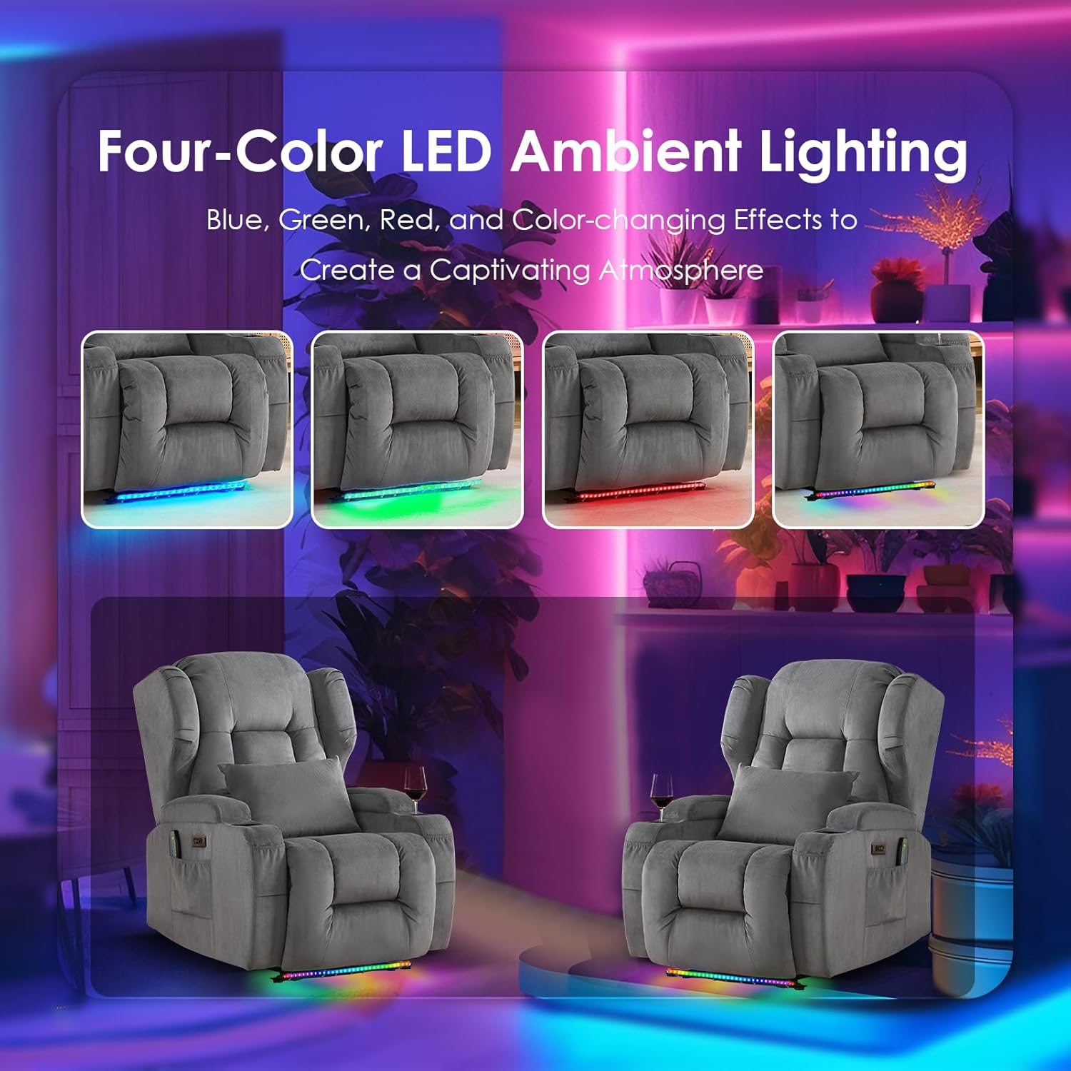 SAMERY Power Recliner Chair, Electric Wall Hugger Recliners with Massage & Heat, Comfy Reclining Sleeper Chair Movie Sofa Home Theater Seat with Cup Holders/USB Port/LED Light/Lumbar Pillow/Remote