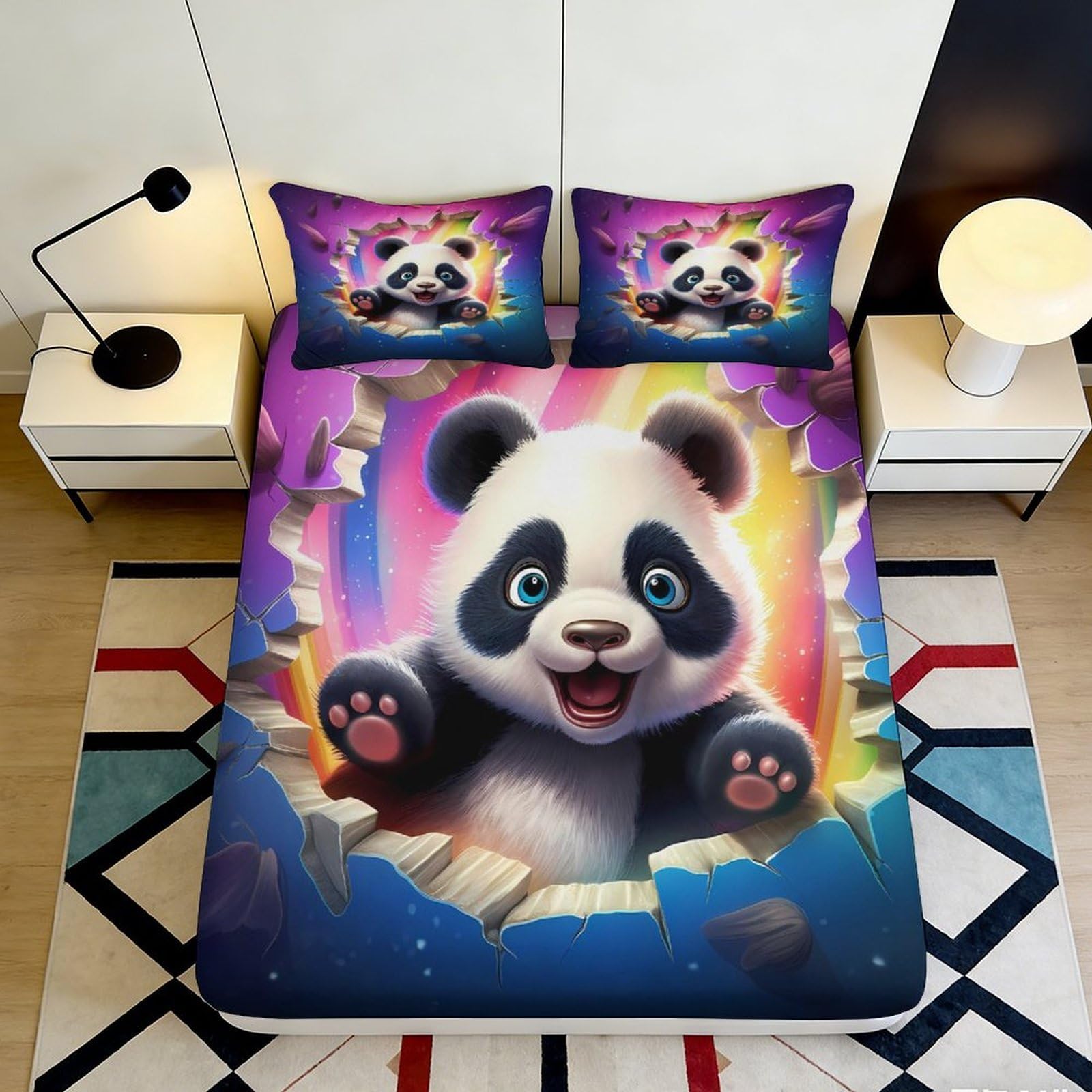 3D Printed Cartoon Panda Fitted Sheet Microfiber Vibrant Rainbow Bed Cover for Bedroom Guest Room Easy Care Decor 90x200x25cm