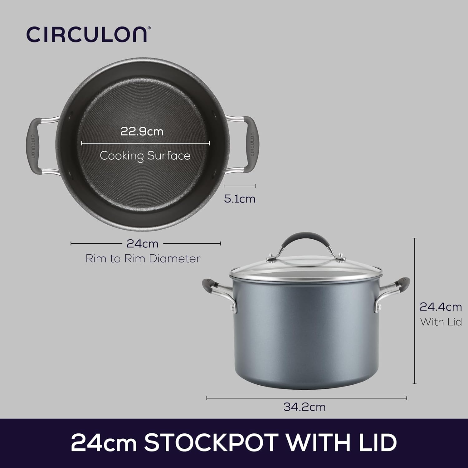 Circulon Scratch Defense Stock Pot with Lid 24cm - 7.6L Induction Stock Pot with Extreme Non Stick, Dishwasher & Oven Safe Cookware, Graphite Pewter Finish