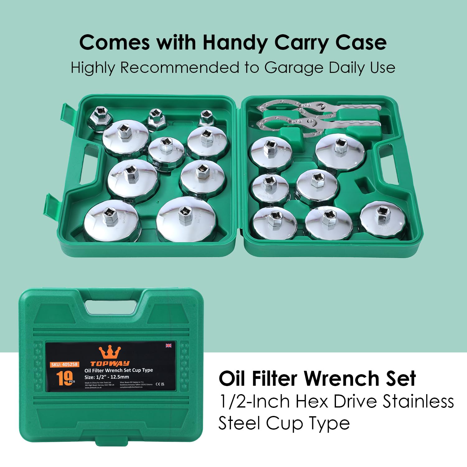 TOPWAY 19 Pezzi 1/2" Set di Chiavi per Filtro Olio in Acciaio Inossidabile con 2 Manette Chiave Regolabile per Filtro Olio per Garage Auto Riparazione con Custodia