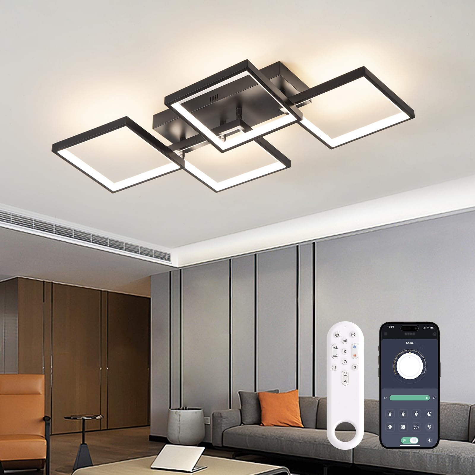 YZBEIMDAI LED Moderna Plafoniera LED Soggiorno, 82CM/48W Dimmerabile Lampadari Decorativa con Telecomando, Plafoniera per Soggiorno geometria con funzione di memoria e funzione timer