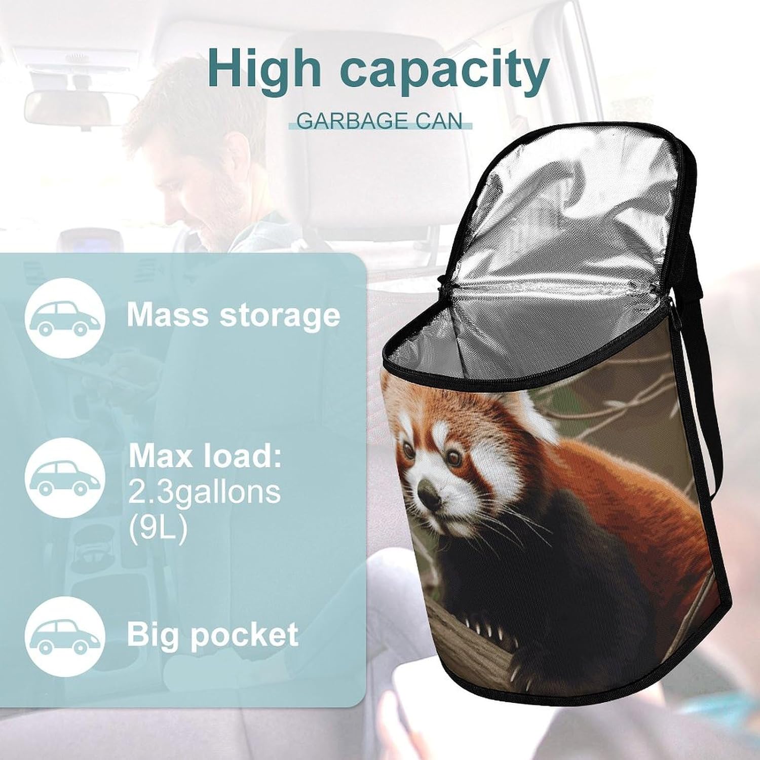 Car Trash Can Car Organizer Red Panda on Tree Branch Printed Car Garbage Can with Lid Portable Car Bin for Cars and RVs