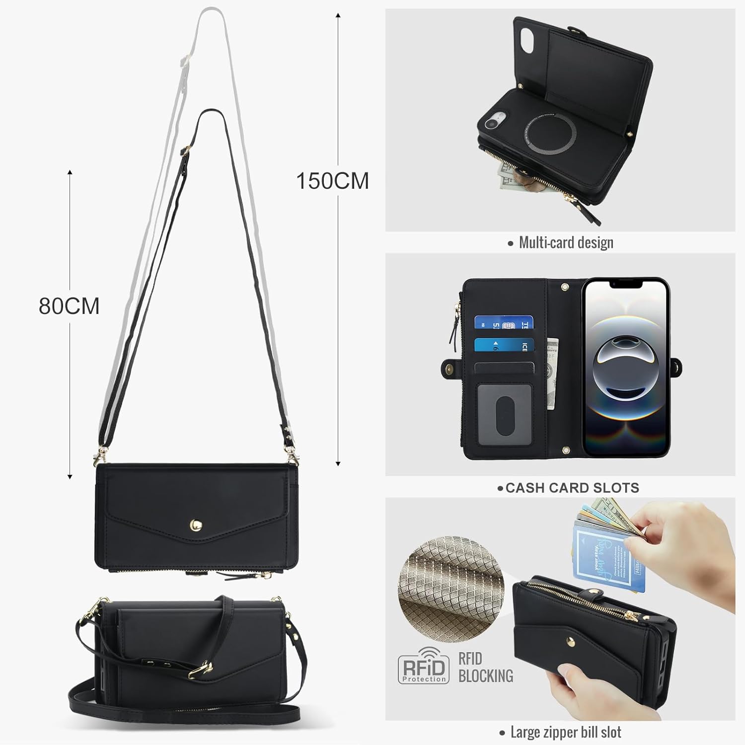 Phone Case for iPhone 16e/SE 2025/SE 4 Wallet Cover Compatible with RFID Screen Protector Crossbody Lanyard Strap Flip Card Holder Slot Cell i Phone16e i16e 16 e SE4 4th Generation 16eCase Black