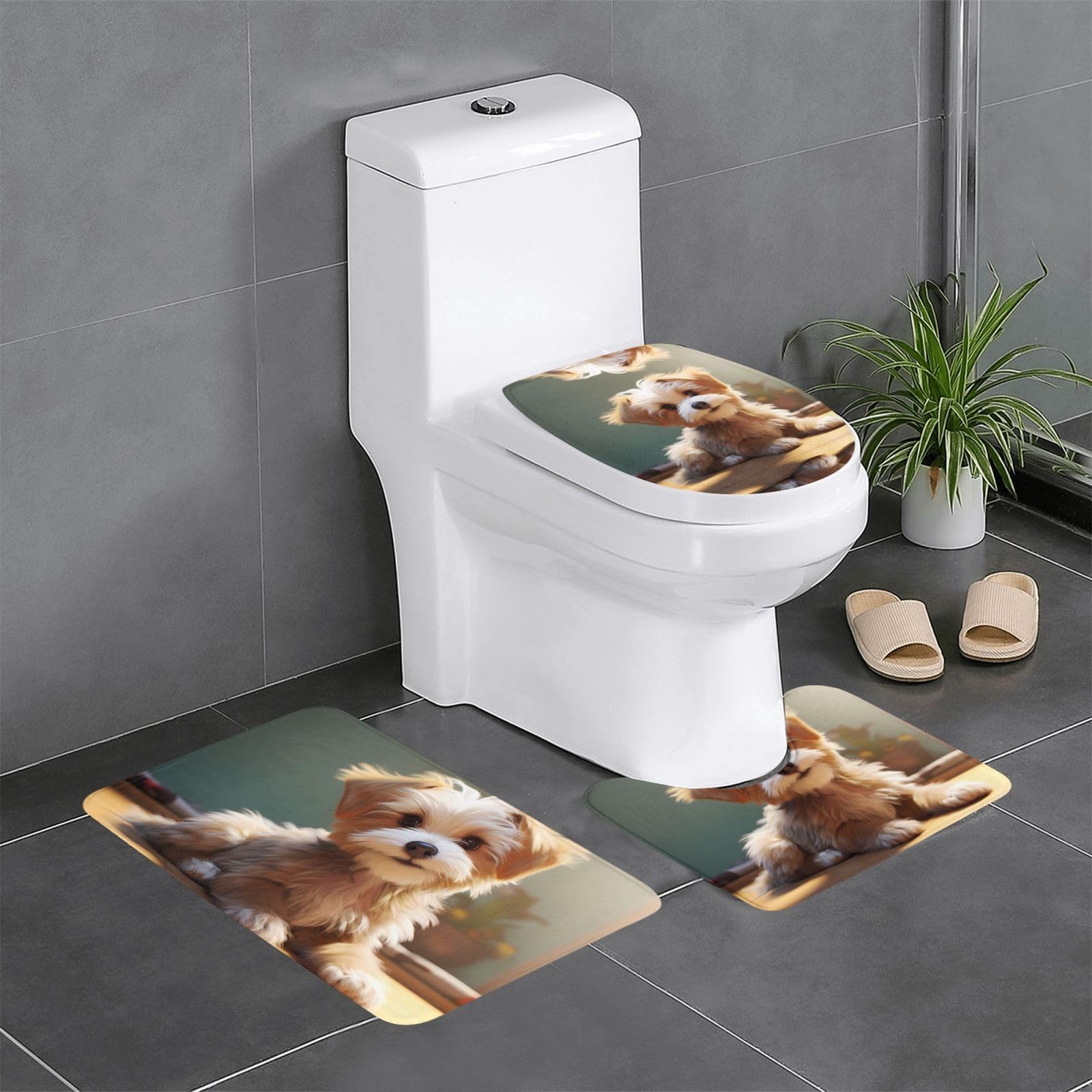 Tapis de salle de bain antidérapants lot de 3 tapis WC et coiffeuse chien