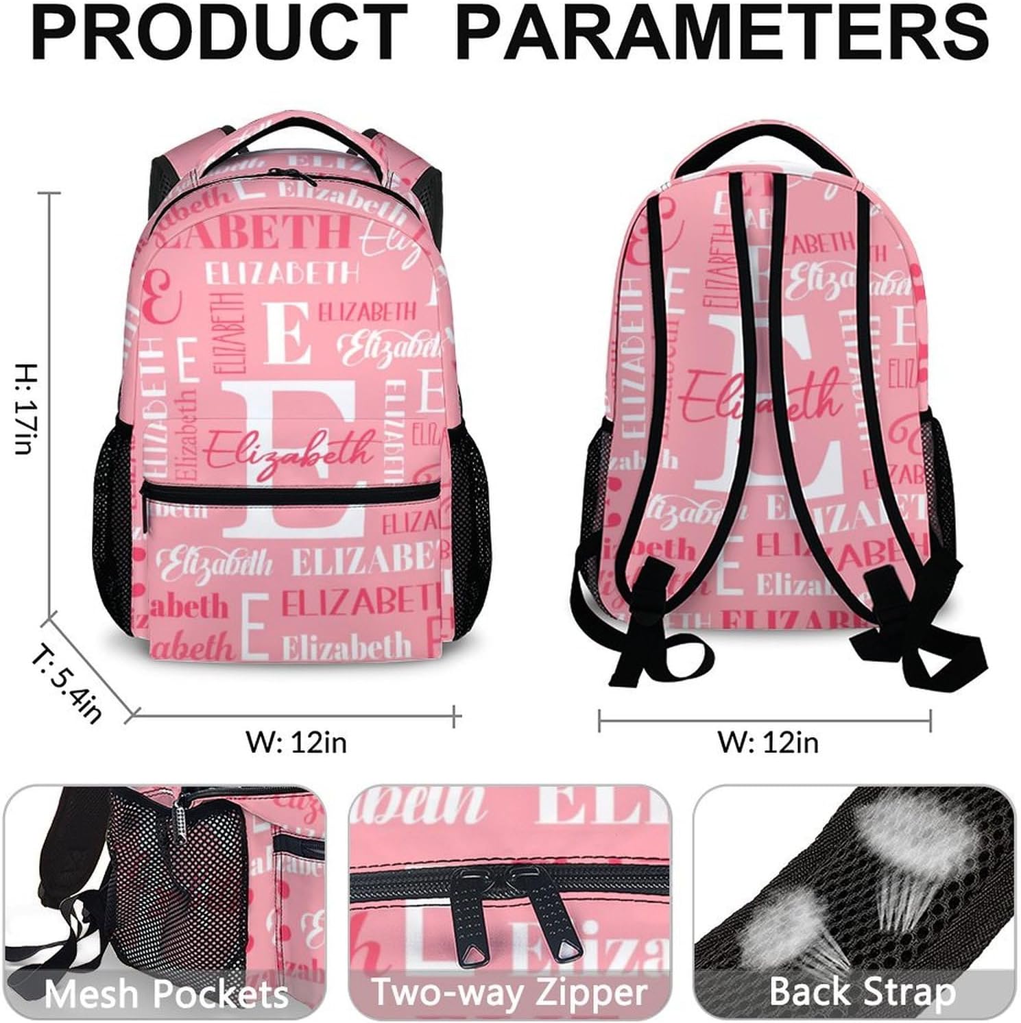 Custom Kids Backpacks, School Backpack for Students Girls, Personalized Pink Bookbag for Kindergarten Preschool Elementary, 17 Inch Back to School Gifts for Travel, Camping