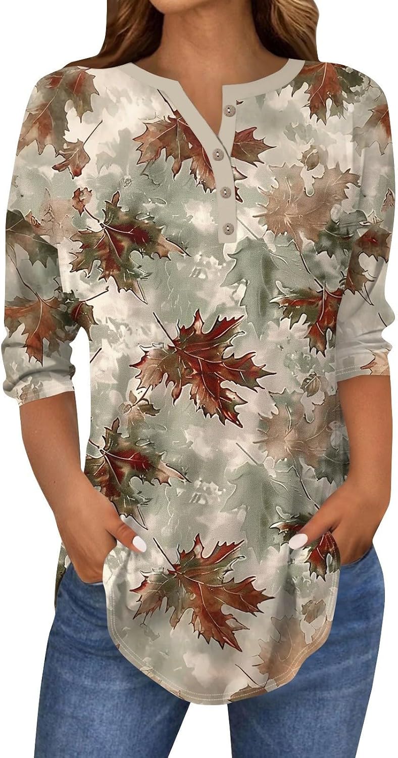 Women's Fashion 3/4 Sleeve Trendy Tshirt Dressy 2025 Button Down Casual Fashion Tops V Neck Trendy Loose Floral Print Shirt