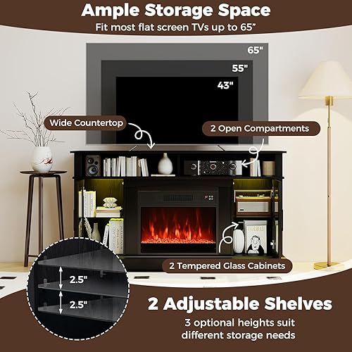 Miniatura 6 de COSTWAY Soporte eléctrico para TV con chimenea para televisores de hasta 65 pulgadas con luces LED, controles remotos, estantes ajustables,