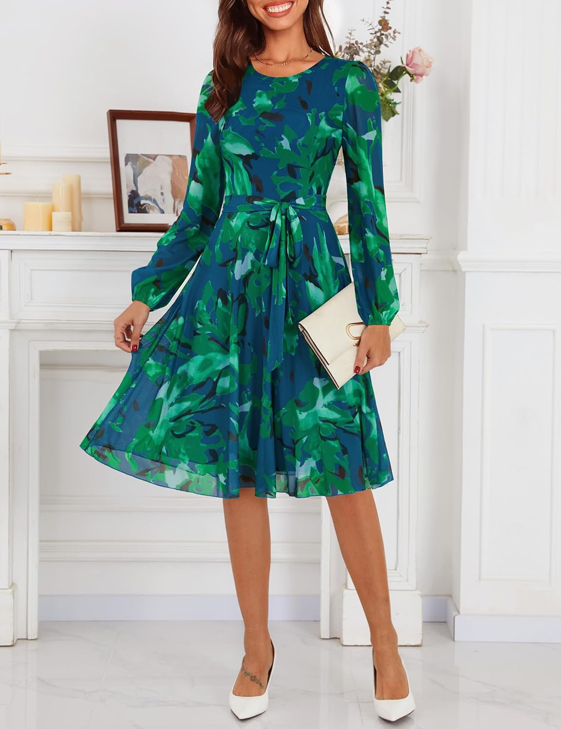 Zattcas Women's 2026 Spring Mesh Long Sleeve Floral Midi Dress Crew Neck A Line Flowy Cocktail Party Wedding Guest Dress - Image 2