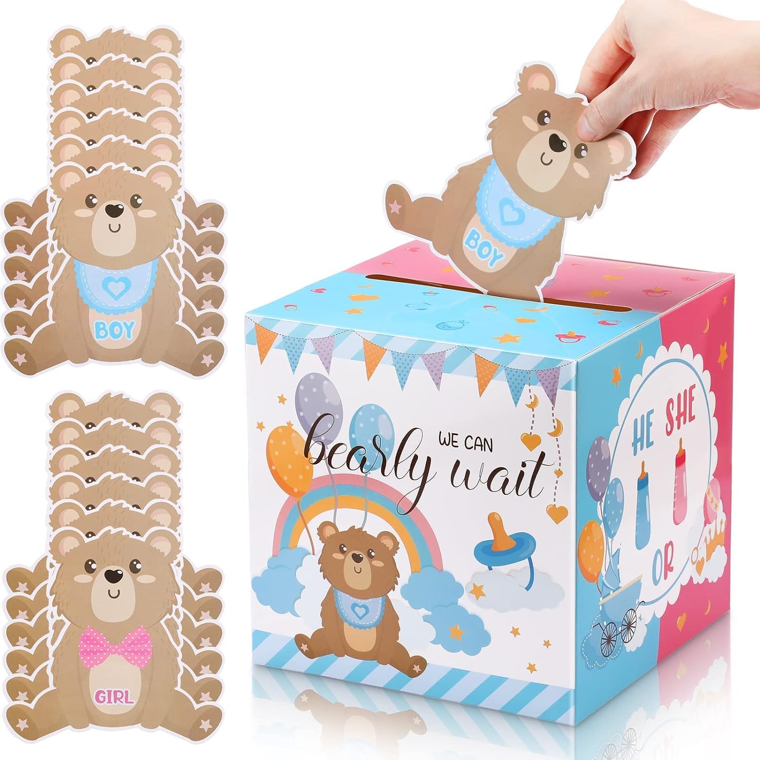 YHRY Voting Game Box, with 60 Pieces Baby Gender Reveal Bear Ballot Cards, Bear Baby Shower Design Voting Box Party Invitations and Voting Games Boy or Girl Gender Reveal Party Supplies (Pink, Blue)
