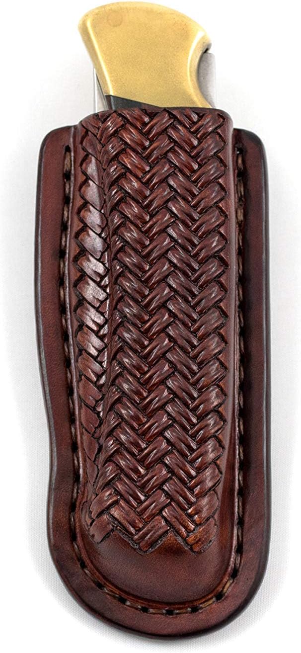 Tooled Leather molded Friction sheath with belt loop made to fit Buck 110 folding hunter, folding knife case, pocket knife leather case