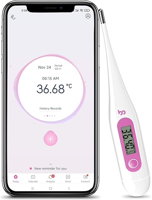 Femometer Digital Basal Body Thermometer Fertility Monitor Record BBT Manually, Draw BBT Chart Pinpoint Ovulation Day, High Accuracy Perfect Companion for Ovulation (Pink)