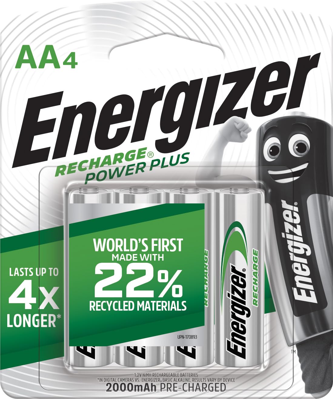 Energizer Rechargeable Batteries AA, Recharge Power Plus, Pack of 4