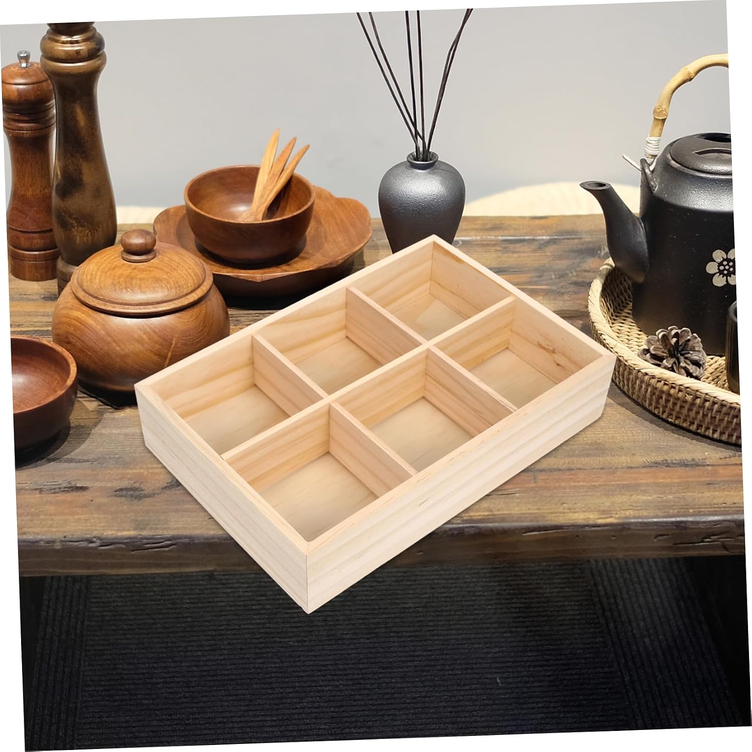 GLEAVI Wooden Tea Box Storage Organizer with Compartments for Tea Bags Sugar Packets Snacks Rustic Design for Coffee Bars and Kitchens present