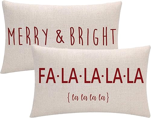 7COLORROOM Juego de 2 fundas de almohada decorativas de Navidad Falalalala para vacaciones de invierno. Funda de cojín rectangularde cintura, fundas