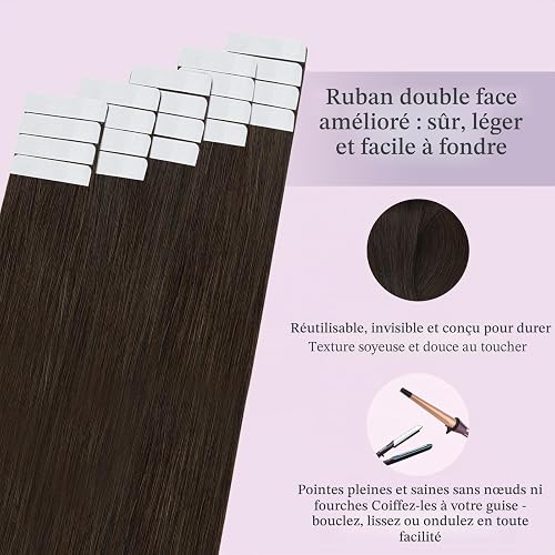 Fshine Extention Cheveux Naturelles Adhesif 50 g 45 cm Brun Fonce, Naturel - 3