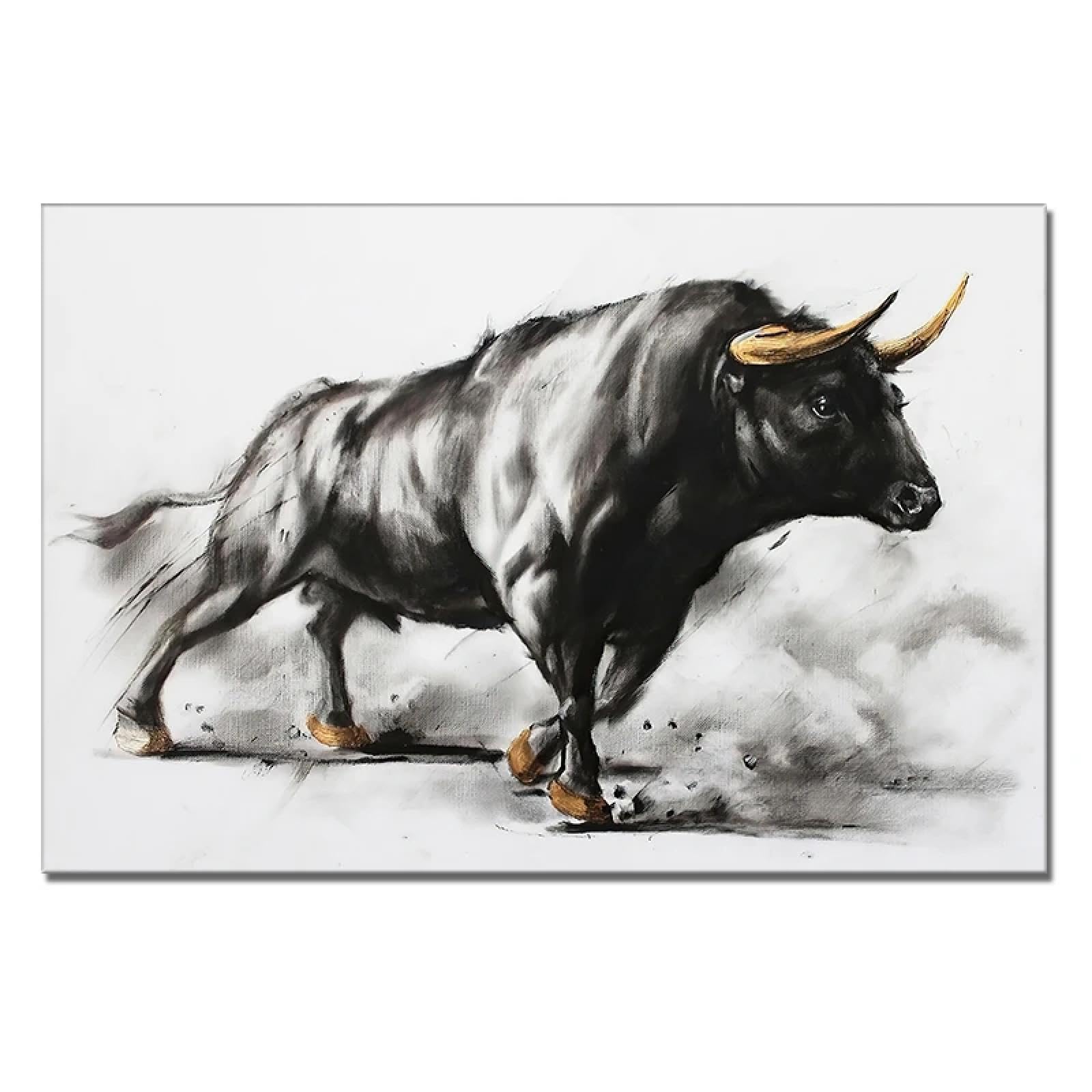 KQZVCU Pintura de toro negro, pintura artística en lienzo de corrida de toros, carteles e impresiones de animales, arte de pared para decoración de sala de estar, 50x70cm con marco
