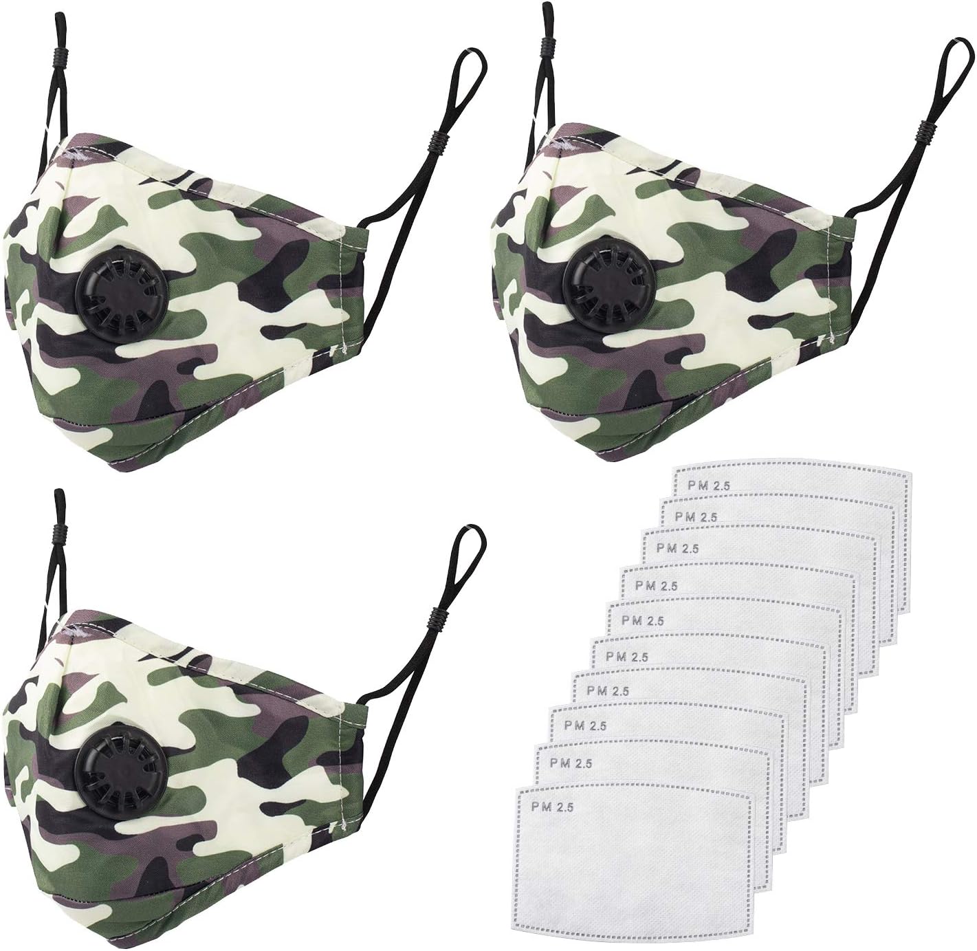 3 Packs Unisex Washable Reusable Face Mask With 6 Filters-Green Camouflage