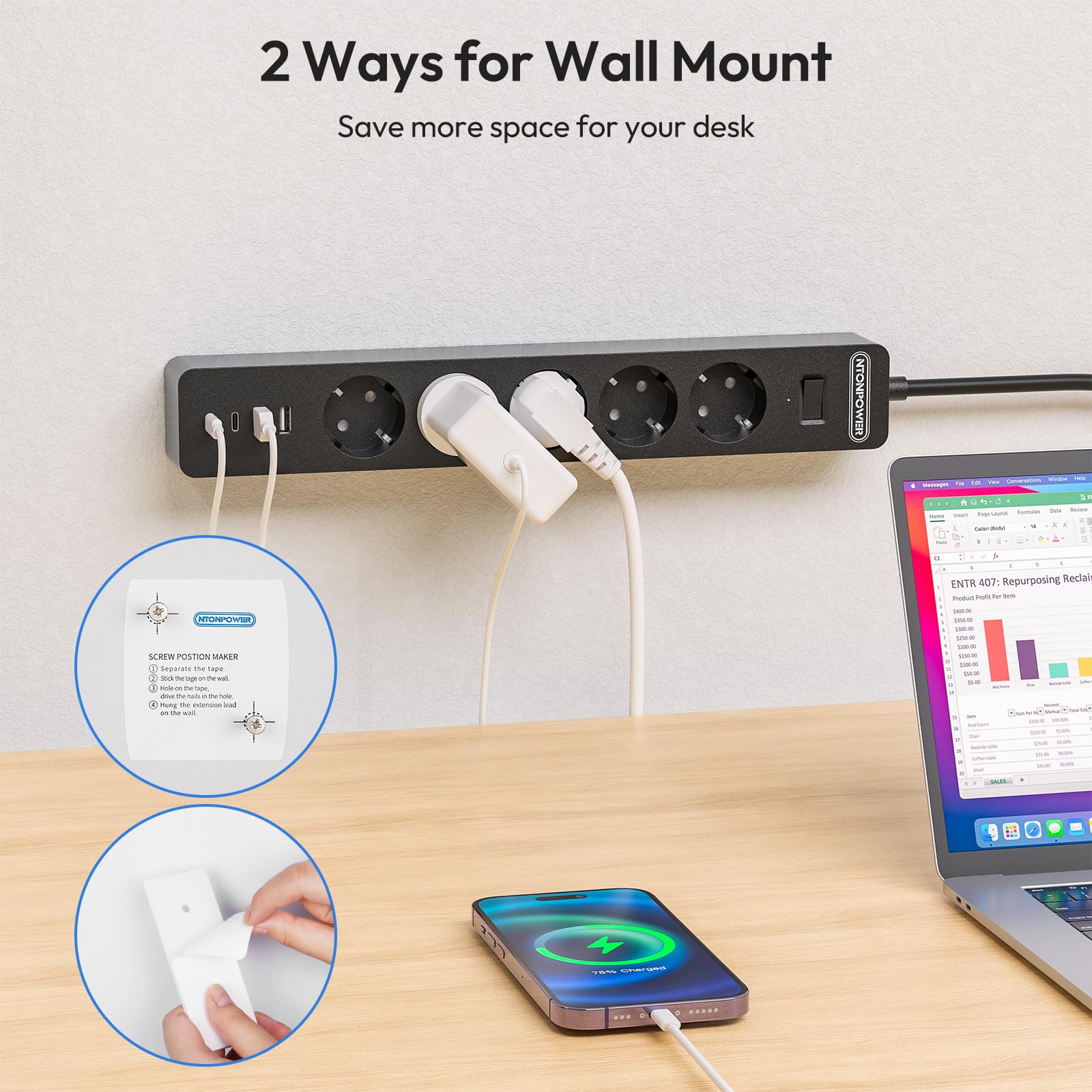 Desktop Contactdoos Met 3 Stopcontacten - 2 Usb-Poorten - 2 Ampère - Randaarde