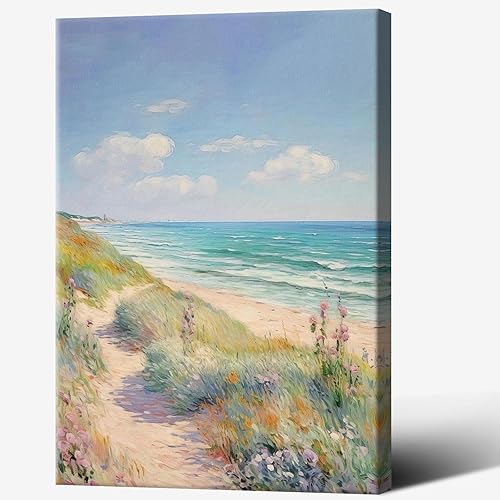 Miniatura 14 de Lienzo decorativo de pared costero retro, camino de playa floreciente con flores silvestres, decoración de pared playera pastel para estética
