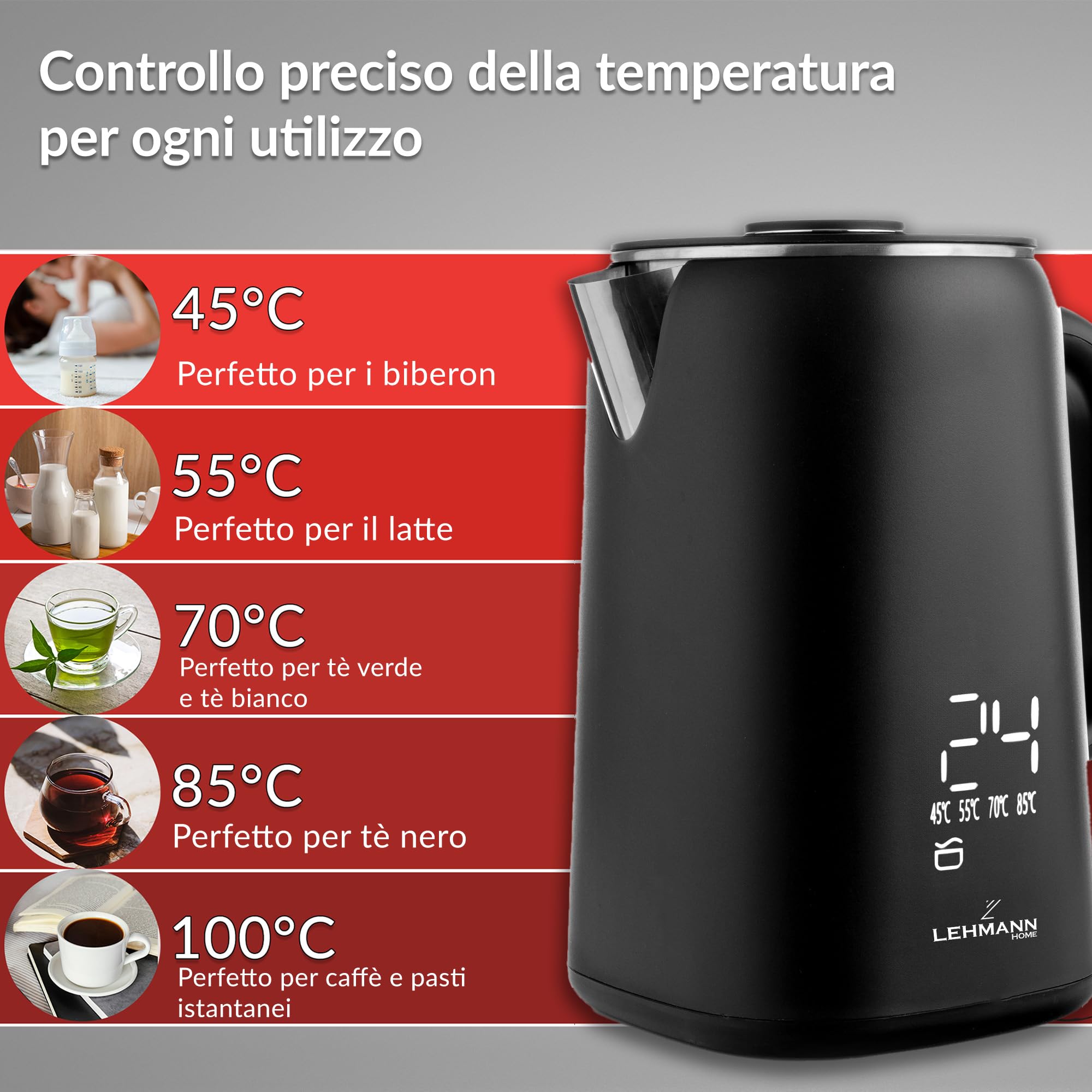 LEHMANN Bollitore Elettrico con Temperatura Regolabile 45-100°C, Capacità 1,7 L, Interno in Acciaio Inox senza BPA, Base Girevole 360°, Doppia Parete, Display Touch, per Famiglia e Ufficio, Nero