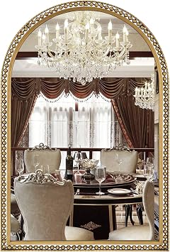 24" x 36" Arch Wall Mirror, Antique Gold Metal Beaded Frame Bathroom Mirror, Vintage Classic Distressed Hanging Mirror for Vanity Mantel Entryway Living Room