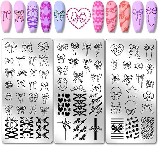 PH PandaHall 66 Patterns Bow Nail Stamper, 3pcs Nail Stamping Plate Cute Bowknot Nail Art Stencils Print Nail Stencils Stainless Steel Nail Plates for Nail Design Print Manicure Salon