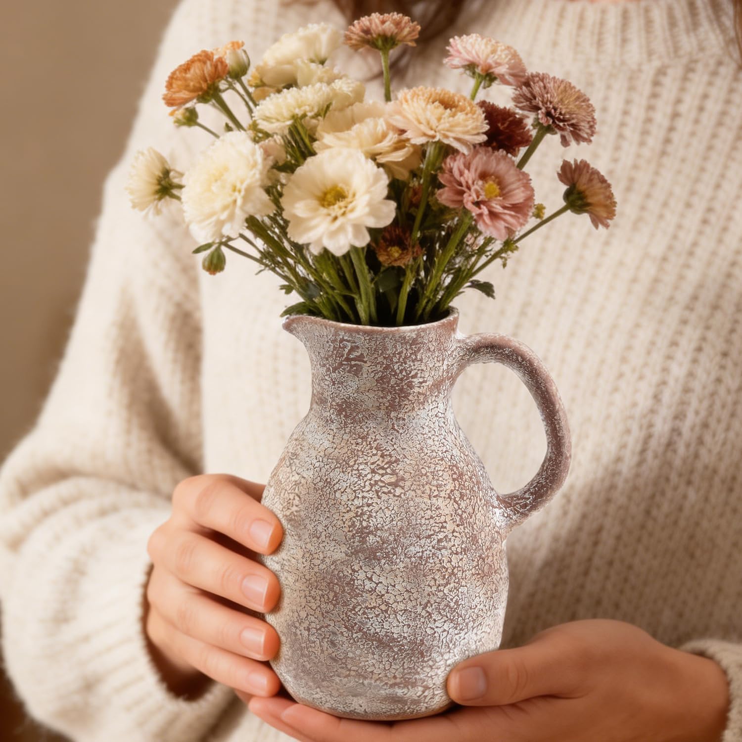 Ceramic Flower Vase 8 inch Farmhouse Vase with Handles for Home Decor Vintage Rustic Vase Decorations for Bathroom, Living Room, Entryway, Wedding (Retro)