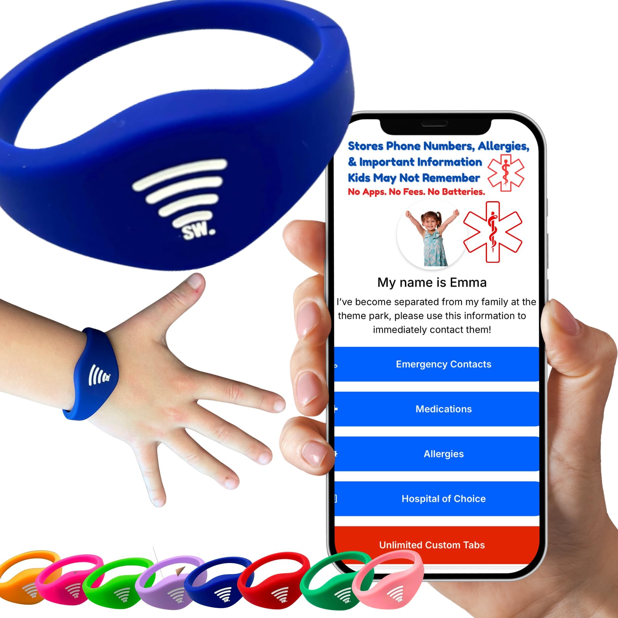 Kids ID Bracelet – Fitted NFC Safety Wristband, Slip-On Child ID Band for Emergency Contact Info, Waterproof Silicone, Not GPS, Wear on Wrist or Ankle, Ideal for Theme Parks, Travel & Beaches