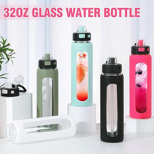 Miniatura 7 de Kodrine Botella de agua de vidrio de 32 onzas con boquilla de silicona suave, tapa de bloqueo y asa de transporte, color rojo rosa