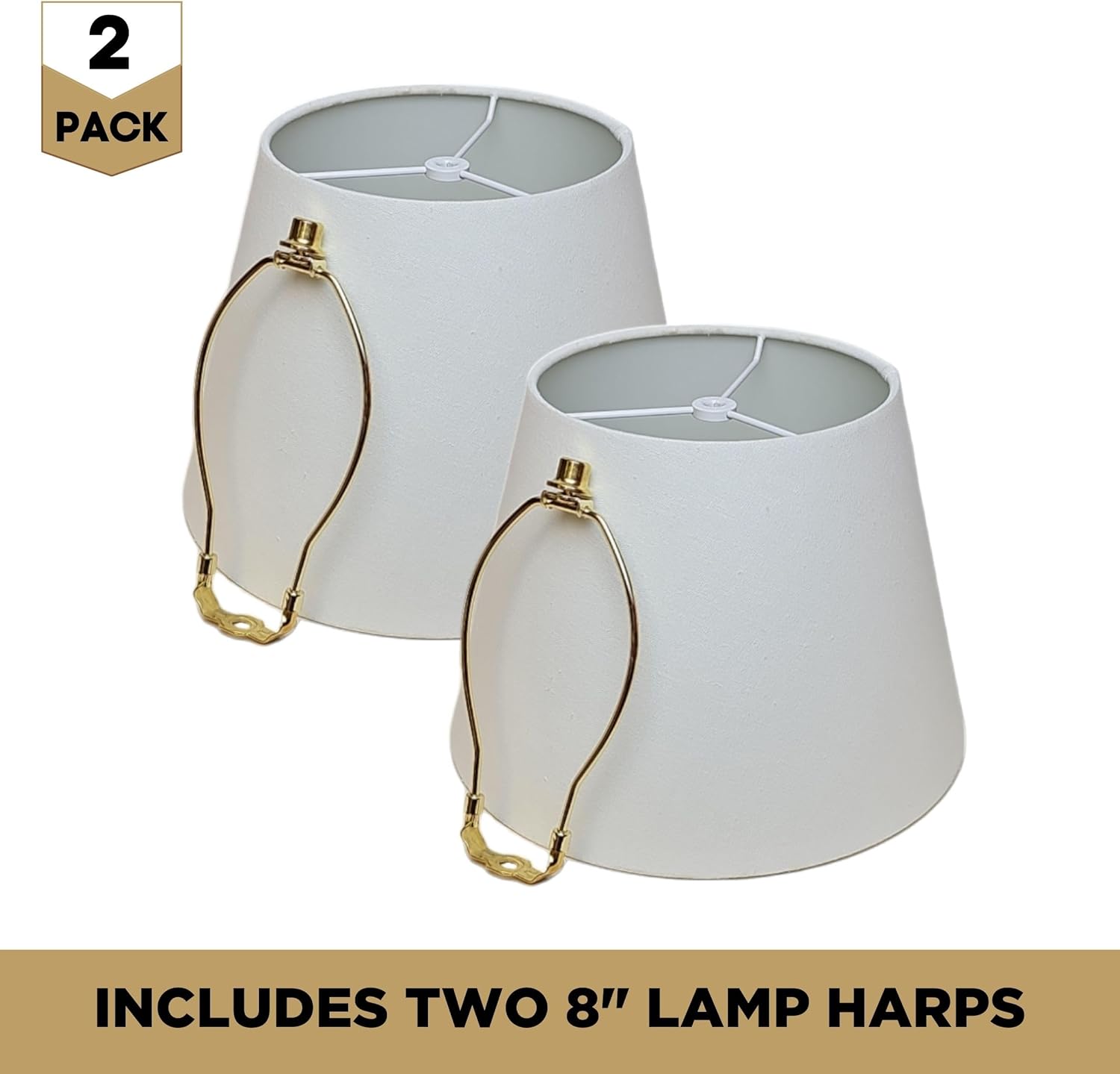 Royal Designs, Inc. Set of 2 Deep Empire Hardback Lamp Shade for Table Lamp, Linen Fabric, HB-646-13LNWH-2, 8 x 13 x 9 in (Top x Bottom x Height), Linen White, Includes Set of 2 Lamp Harp Holders