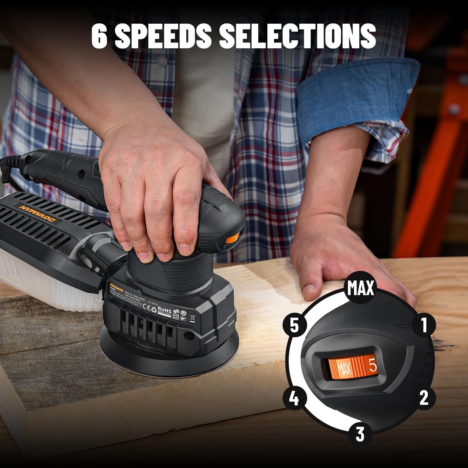 DOVAMAN ROS06A Levigatrice Multifunzione 3-in-1, 200W, 6 Velocità, 15 Carte Abrasive, Bassa Vibrazione, Aspirazione della Polvere, Levigatrice Mouse, Orbitale, Eccentrica per Legno e Acciaio