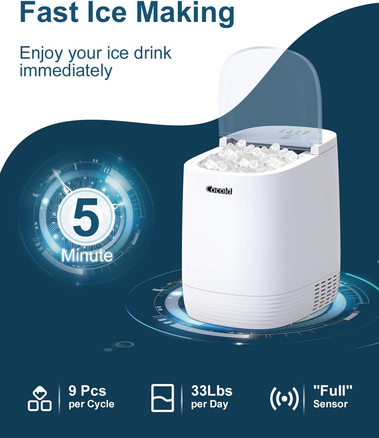 Cocold Countertop Ice Maker Machine, 9 Ice Cubes Ready in 5 Minutes, Makes 33 Pounds Per Day, 2.2L Water Tank with Ice Scoop & Basket, One-Key to Use, Portable Ice Maker Machine with ETL Certificate