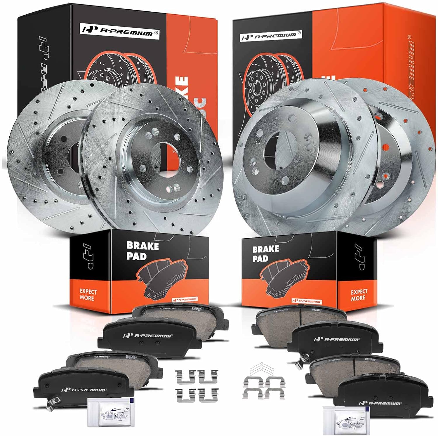 A-Premium Front and Rear Drilled and Slotted Disc Brake Rotors + Ceramic Pads Kit Compatible with Select Kia Model - Sorento 2016 2017 2018 2019, 2.0L 2.4L 3.3L, 12-PC Set