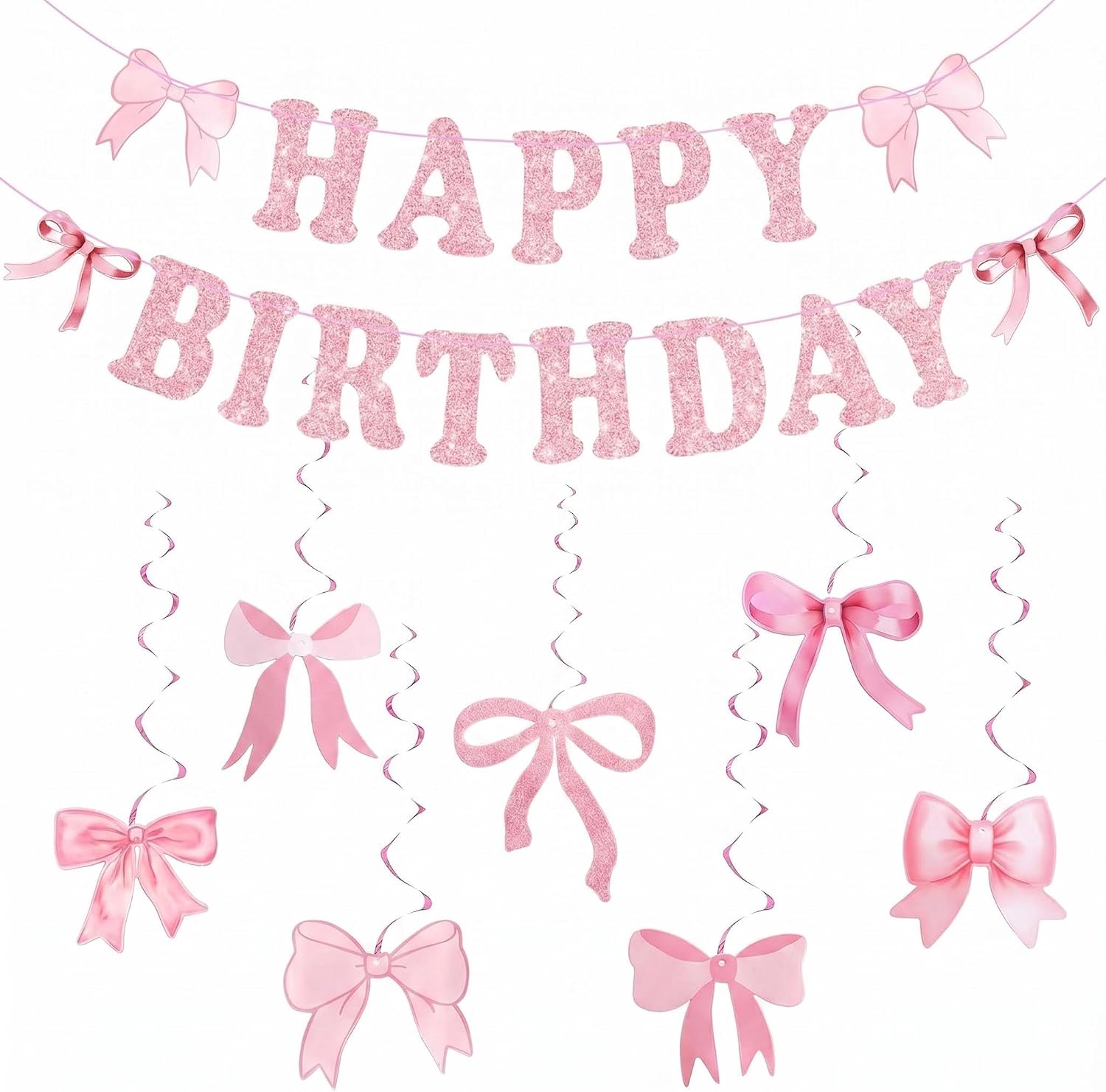 Pink Bow Birthday Party Decorations Banner Set with Pre-Strung Happy Birthday Banner, Bow Banner, Hanging Swirls for Women Party Backdrop Party Supplies for Birthday Celebrations