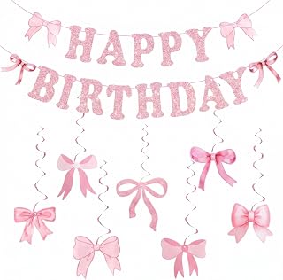 Pink Bow Birthday Party Decorations Banner Set with Pre-Strung Happy Birthday Banner, Bow Banner, Hanging Swirls for Women Party Backdrop Party Supplies for Birthday Celebrations