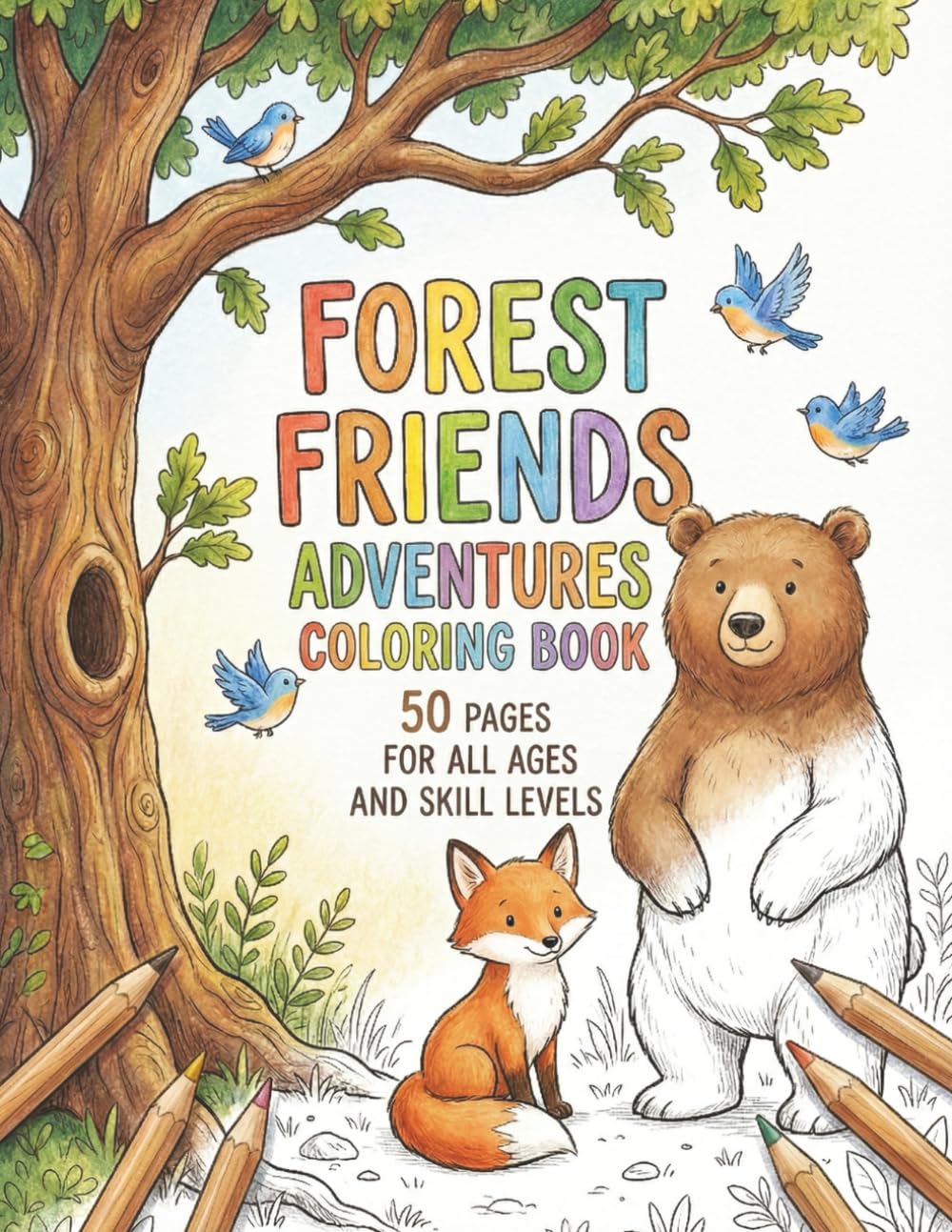 Forest Friends Adventures Coloring Book for Kids: 50 Cute Woodland Animal Pages for Fun, Calm, and Creative Play