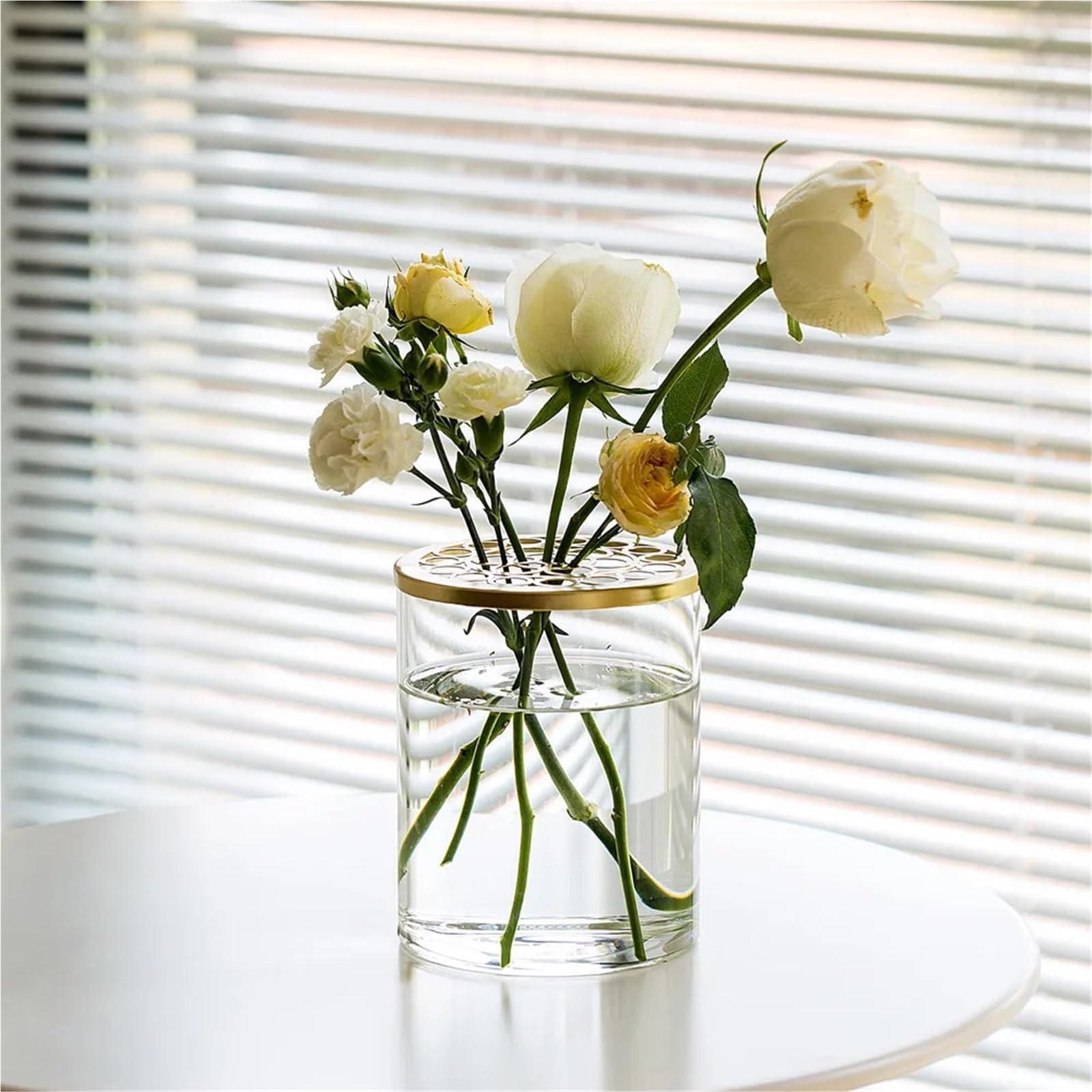 Vase Hydroponique Verre Couverture de Grille en Verre Transparent Simple, Vase Fleurs, décoration Salon, Fixation Plantes hydroponiques(12 * 15 Vase+Round Hole Cover)